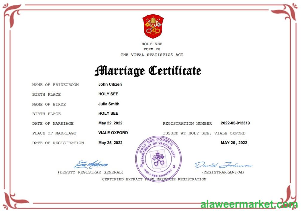 Holy See marriage certificate Word and PDF template